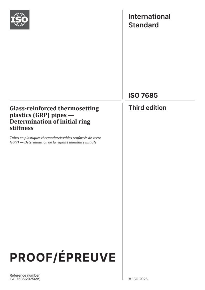 ISO 7685 ISO/PRF 7685 - Glass-reinforced thermosetting plastics (GRP) pipes — Determination of initial ring stiffness
Released:5. 11. 2025