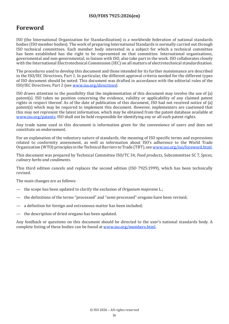 ISO 7925 ISO/PRF 7925 - Dried oregano (Origanum vulgare L.) — Whole or ground leaves — Specification - Page 4 preview