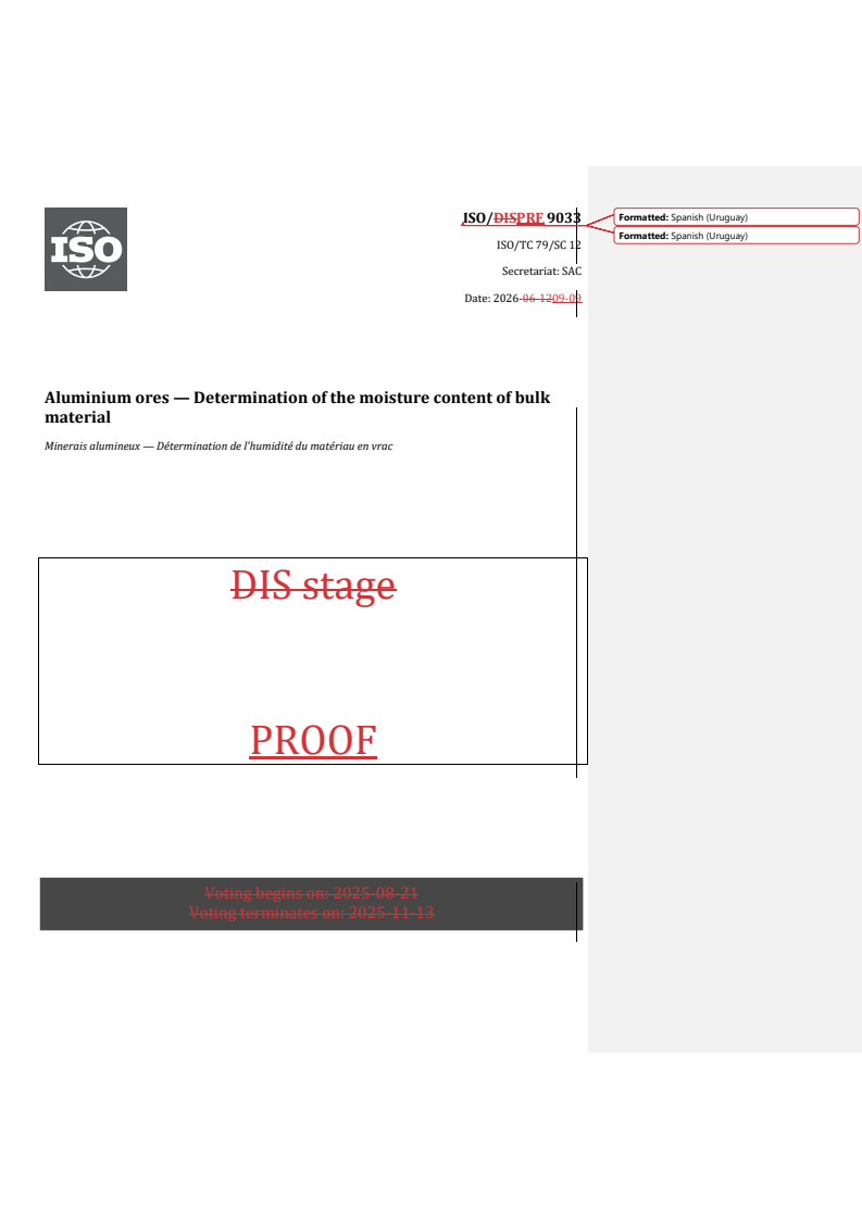 ISO/PRF 9033 REDLINE ISO/PRF 9033 - Aluminium ores — Determination of the moisture content of bulk material - Page 1 preview