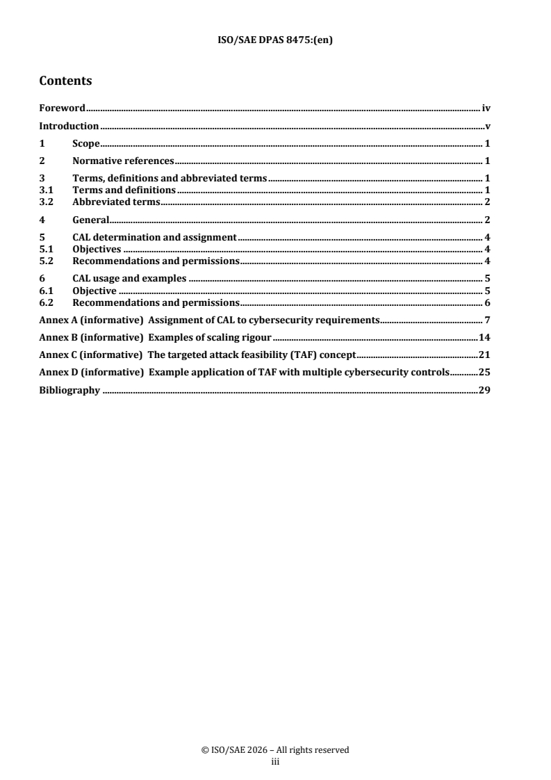 ISO/SAE PAS 8475 REDLINE ISO/SAE DPAS 8475 - Road vehicles — Cybersecurity Assurance Levels (CAL) and Targeted Attack Feasibility (TAF) - Page 3 preview