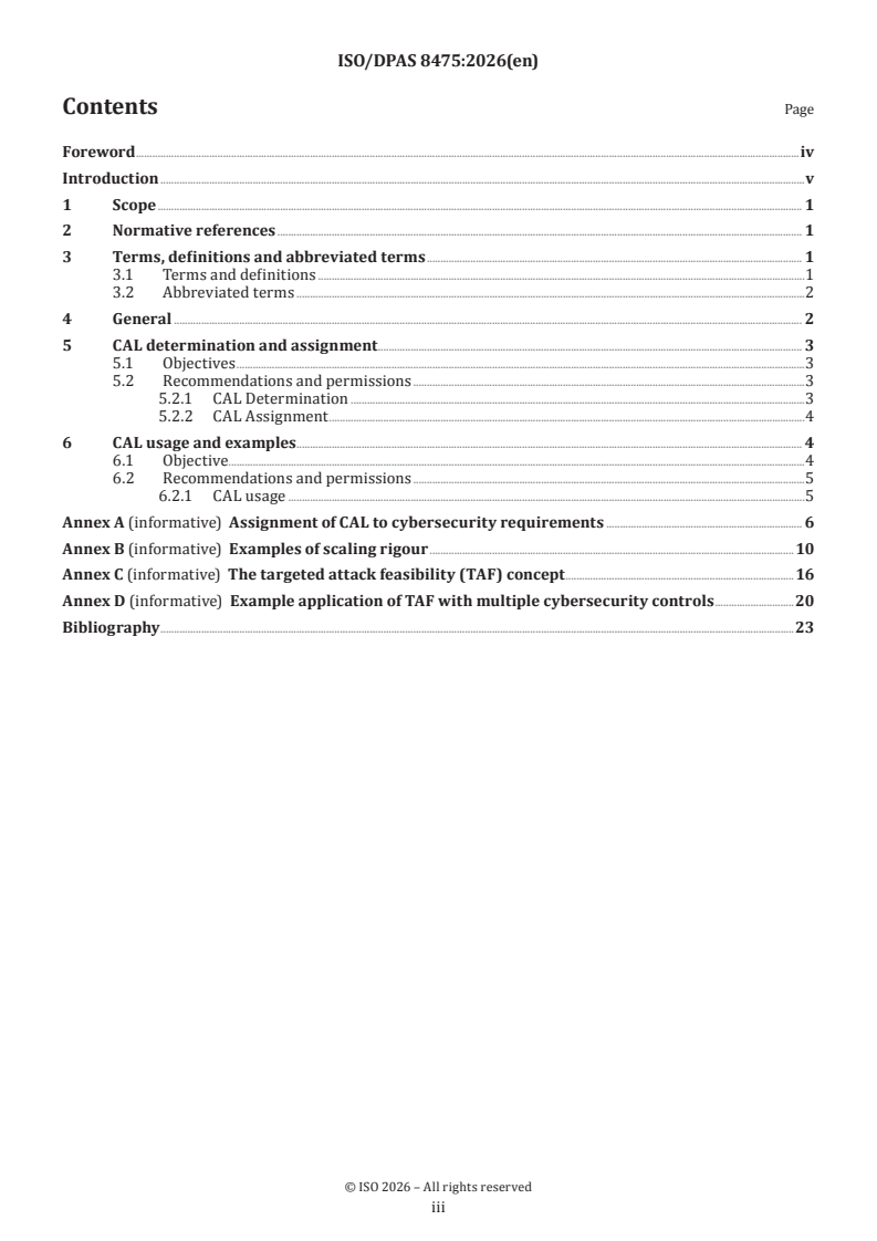 ISO/SAE PAS 8475 ISO/SAE DPAS 8475 - Road vehicles — Cybersecurity Assurance Levels (CAL) and Targeted Attack Feasibility (TAF) - Page 3 preview