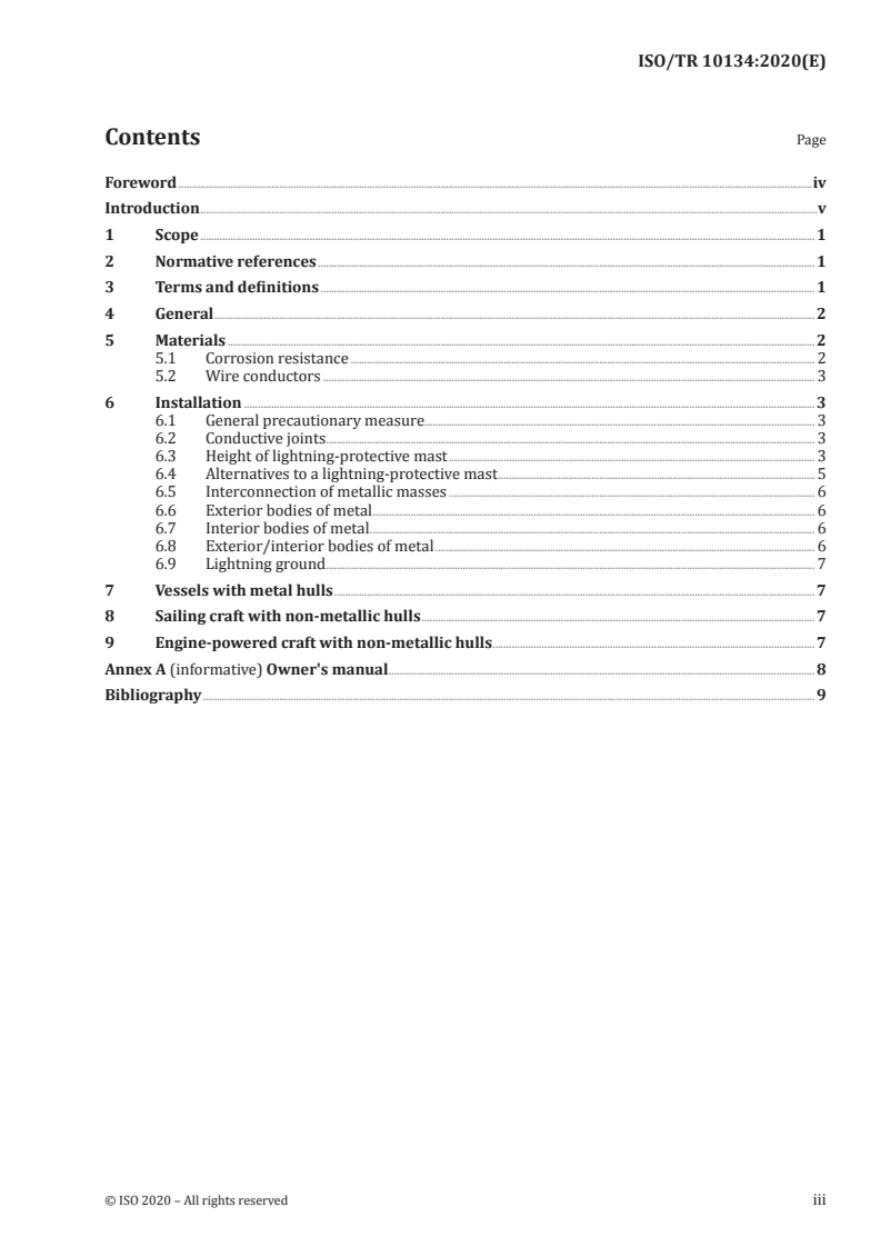 ISO/TR 10134:2020 ISO/TR 10134:2020 - Small craft — Electrical devices — Established practices for the design, construction and installation of lightning-protection systems/27/2020 - Page 3 preview
