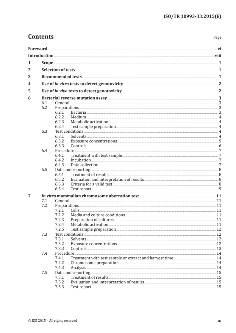 ISO/TR 10993-33:2015 ISO/TR 10993-33:2015 - Biological evaluation of medical devices — Part 33: Guidance on tests to evaluate genotoxicity — Supplement to ISO 10993-3/6/2015 - Page 3 preview