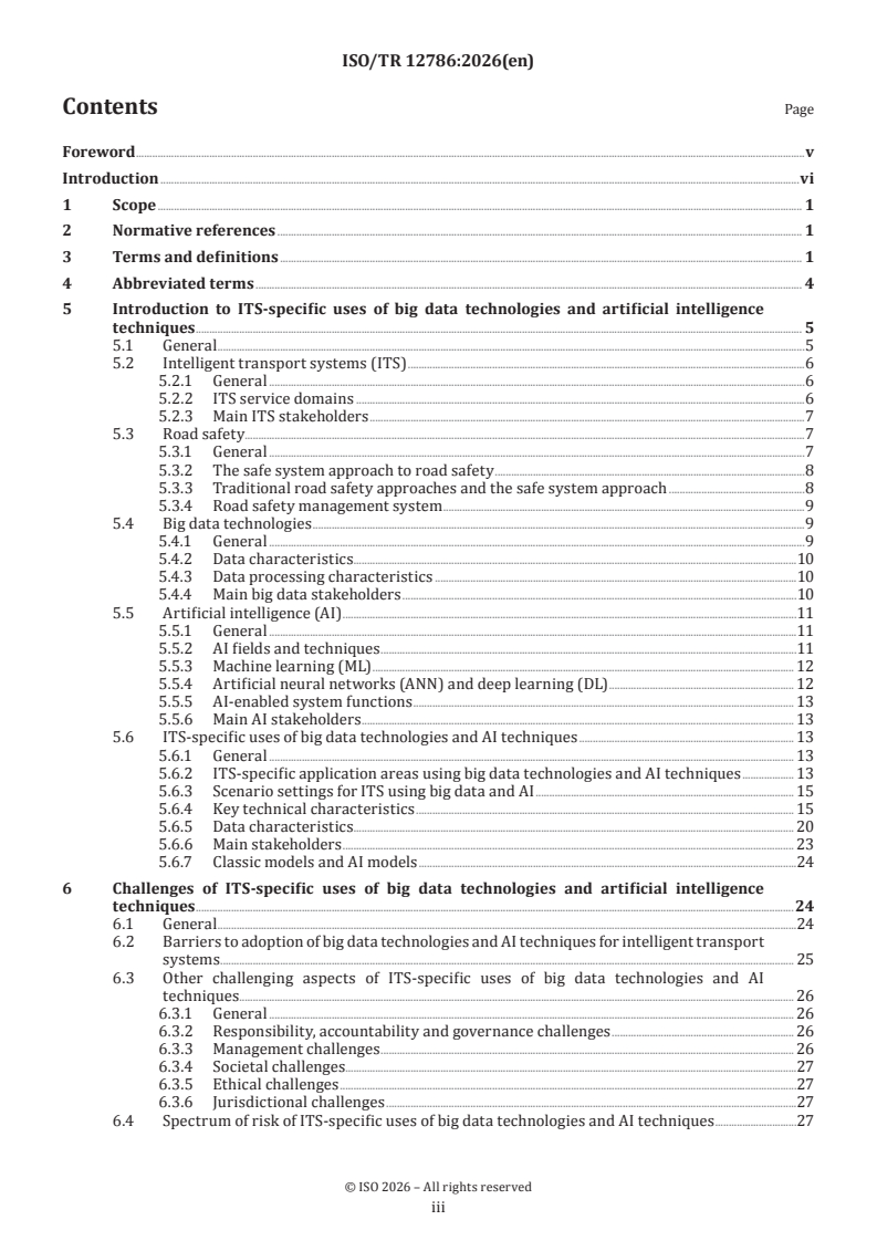 ISO/TR 12786:2026 ISO/TR 12786:2026 - Intelligent transport systems — Big data and artificial intelligence supporting intelligent transport systems — Use cases - Page 3 preview