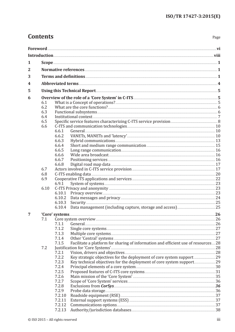 ISO/TR 17427-3:2015 ISO/TR 17427-3:2015 - Intelligent transport systems — Cooperative ITS — Part 3: Concept of operations (ConOps) for 'core' systems/22/2015 - Page 3 preview