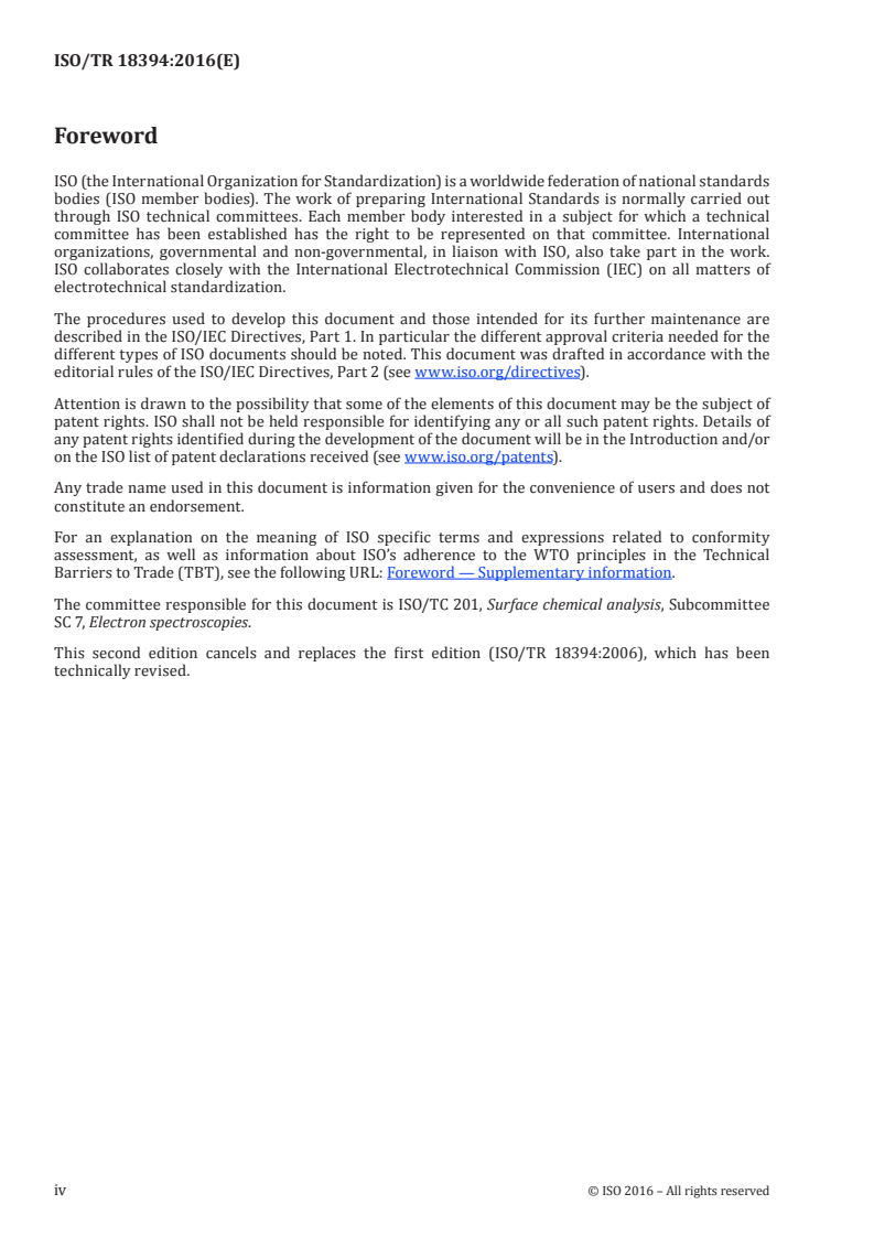 ISO/TR 18394:2016 ISO/TR 18394:2016 - Surface chemical analysis — Auger electron spectroscopy — Derivation of chemical information/2/2016 - Page 4 preview