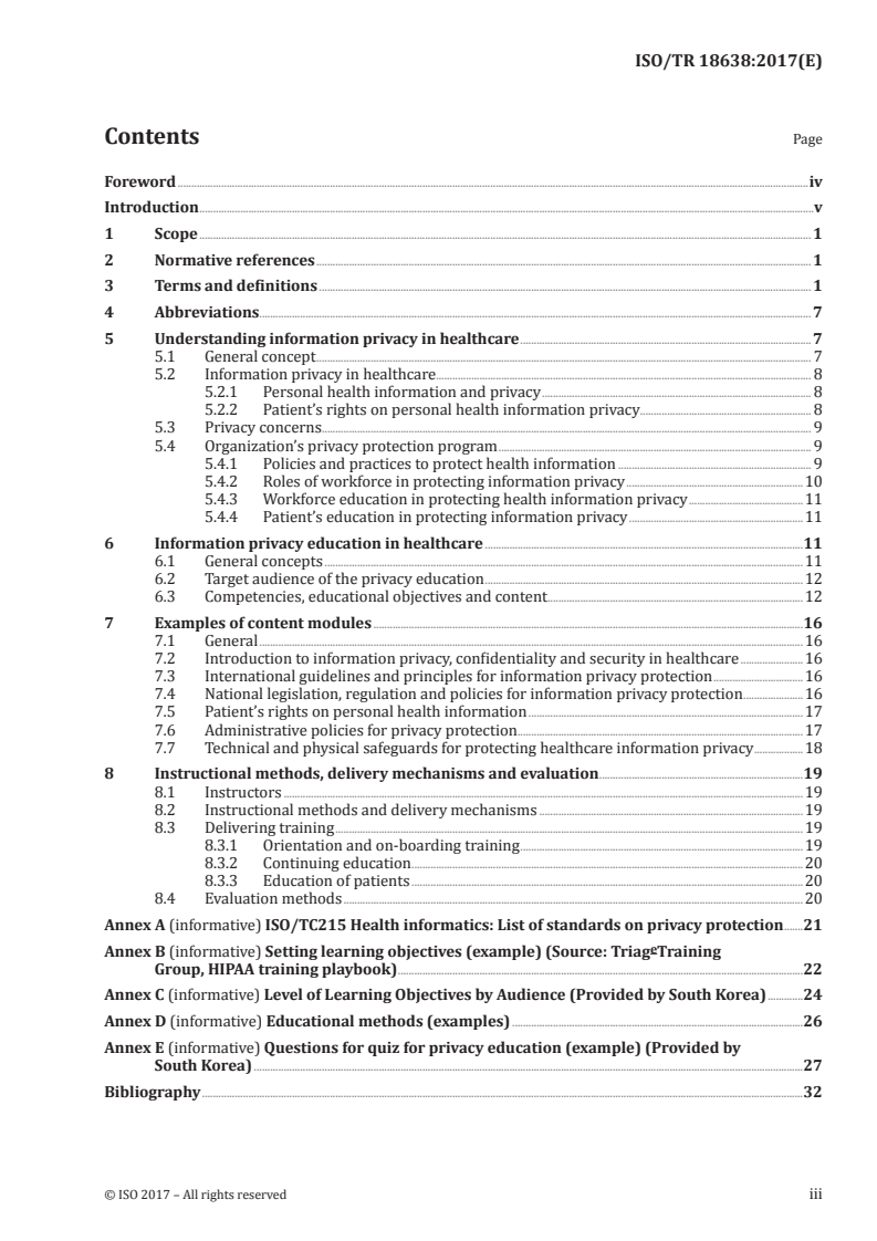 ISO/TR 18638:2017 ISO/TR 18638:2017 - Health informatics — Guidance on health information privacy education in healthcare organizations/1/2017 - Page 3 preview