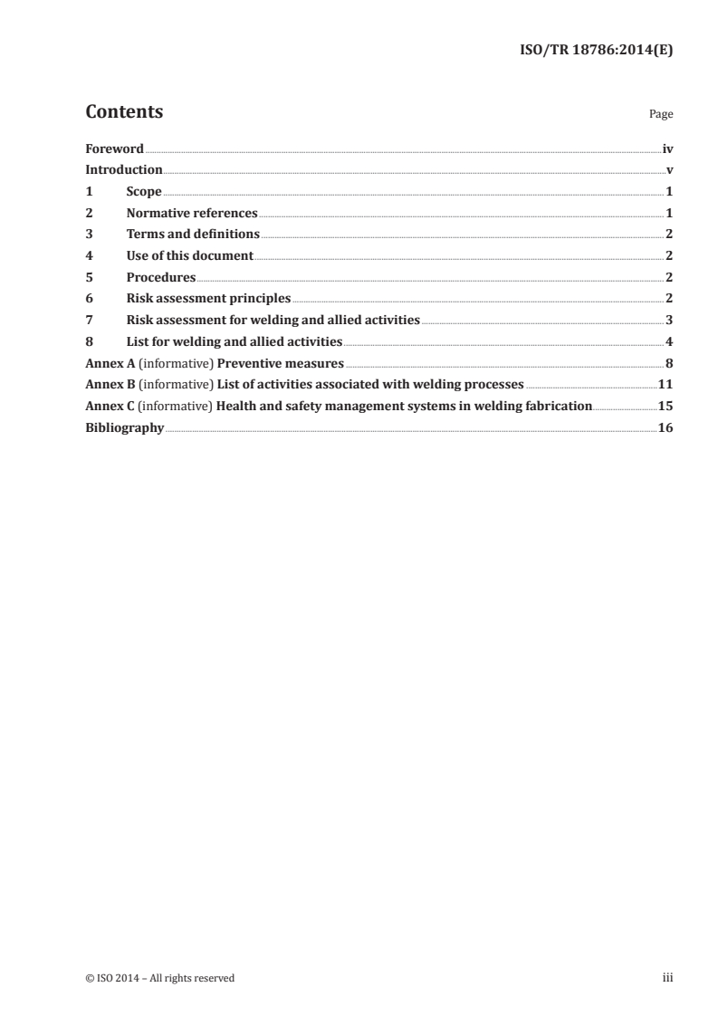 ISO/TR 18786:2014 ISO/TR 18786:2014 - Health and safety in welding — Guidelines for risk assessment of welding fabrication activities/8/2014 - Page 3 preview