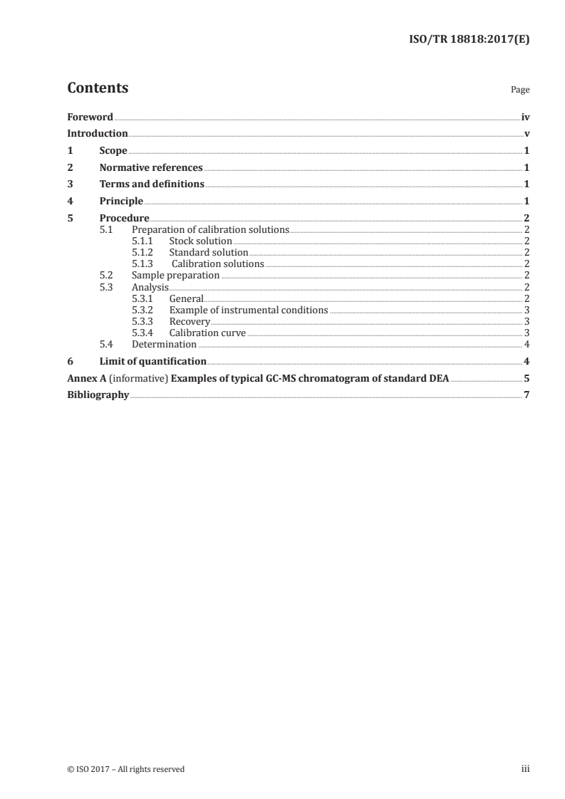 SIST-TP ISO/TR 18818:2018 ISO/TR 18818:2017 - Cosmetics — Analytical method — Detection and quantitative determination of Diethanolamine (DEA) by GC/MS/27/2017 - Page 3 preview