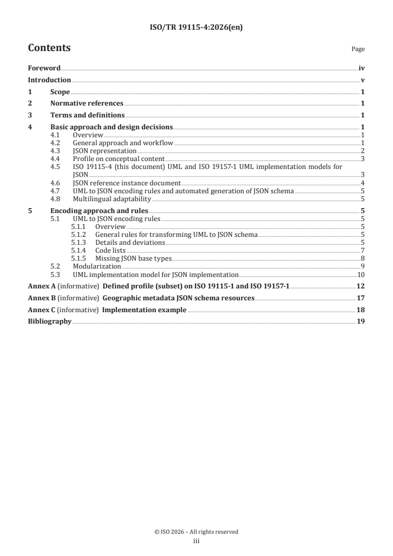 ISO/TR 19115-4:2026 ISO/TR 19115-4:2026 - Geographic information — Metadata — Part 4: JSON schema implementation of metadata fundamentals - Page 3 preview