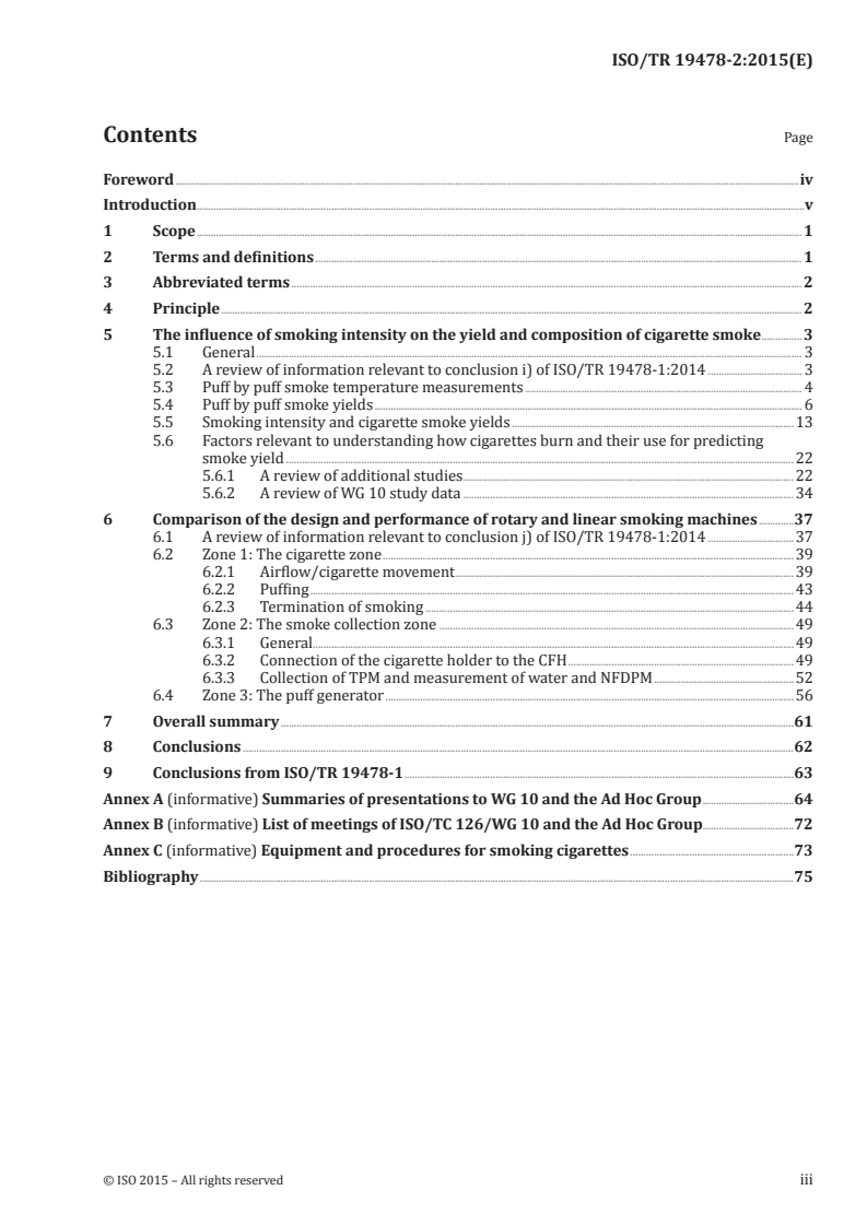 ISO/TR 19478-2:2015 ISO/TR 19478-2:2015 - ISO and Health Canada intense smoking parameters — Part 2: Examination of factors contributing to variability in the routine measurement of TPM, water and NFDPM smoke yields of cigarettes/5/2015 - Page 3 preview