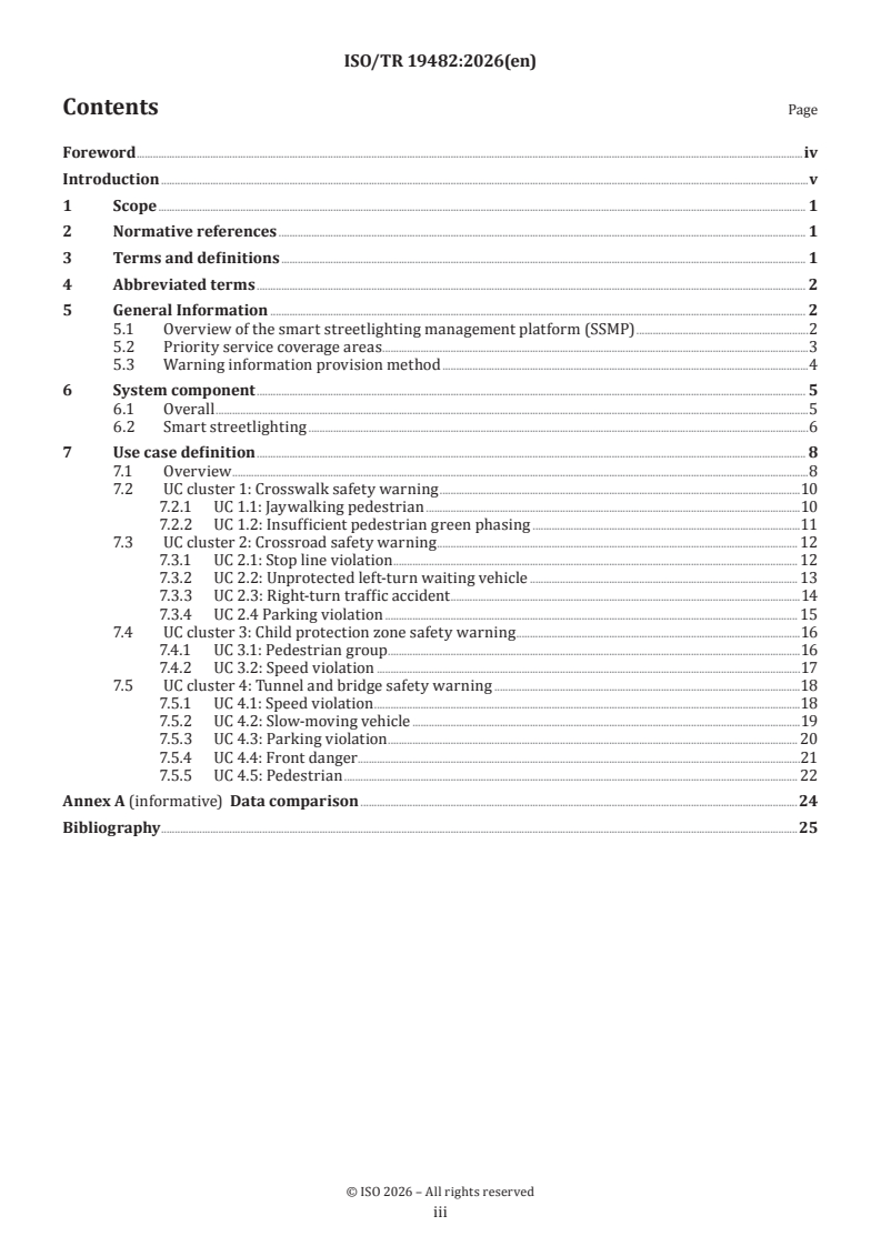 ISO/TR 19482:2026 ISO/TR 19482:2026 - Intelligent transport systems — Smart streetlighting management platform for road traffic safety enhancement — Overview and use cases - Page 3 preview