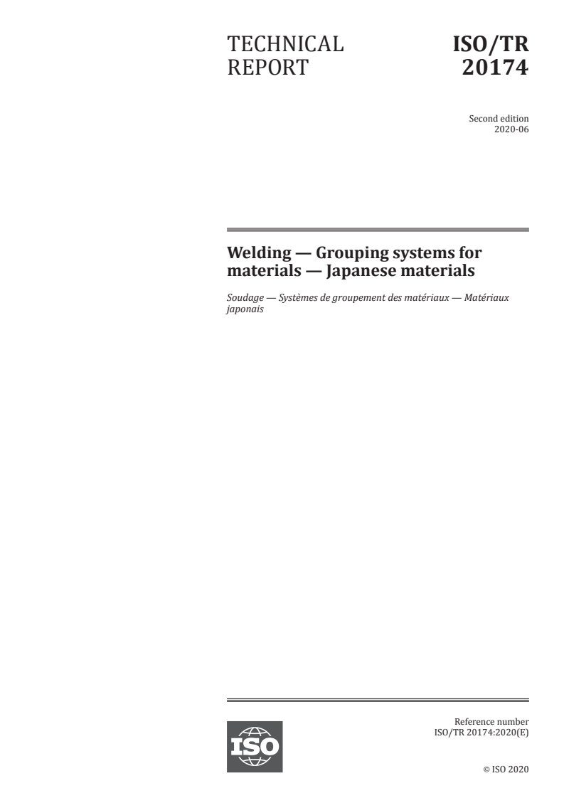 ISO/TR 20174:2020 ISO/TR 20174:2020 - Welding — Grouping systems for materials — Japanese materials/19/2020 - Page 1 preview