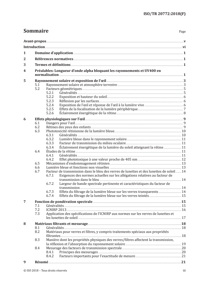 ISO/TR 20772:2018 ISO/TR 20772:2018 - Optique ophtalmique — Verre de lunettes — L'oeil et les radiations solaires visibles de courtes longueurs d'onde/18/2019 - Page 3 preview