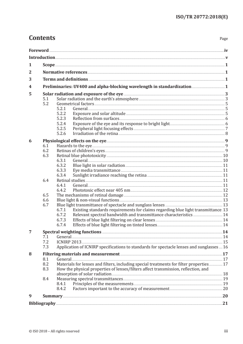 ISO/TR 20772:2018 ISO/TR 20772:2018 - Ophthalmic optics — Spectacle lenses — Short wavelength visible solar radiation and the eye/25/2018 - Page 3 preview