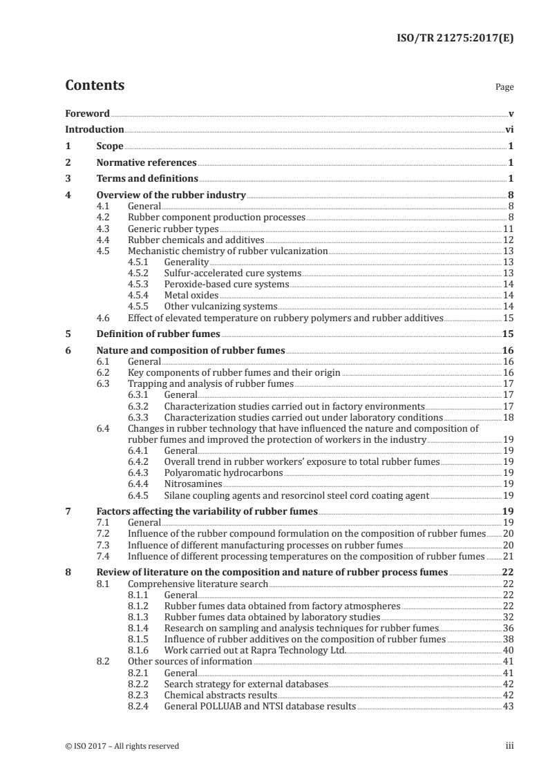 ISO/TR 21275:2017 ISO/TR 21275:2017 - Rubber — Comprehensive review of the composition and nature of process fumes in the rubber industry/1/2017 - Page 3 preview