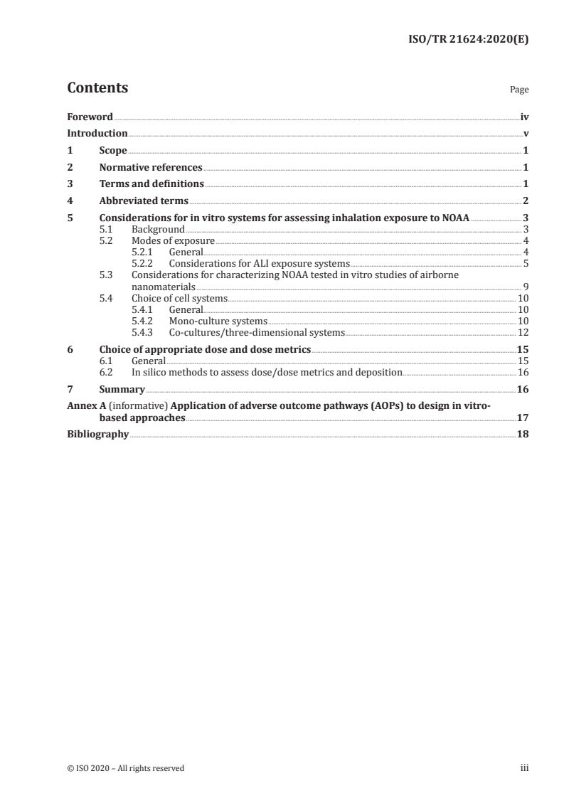 ISO/TR 21624:2020 ISO/TR 21624:2020 - Nanotechnologies — Considerations for in vitro studies of airborne nano‐objects and their aggregates and agglomerates (NOAA)/28/2020 - Page 3 preview
