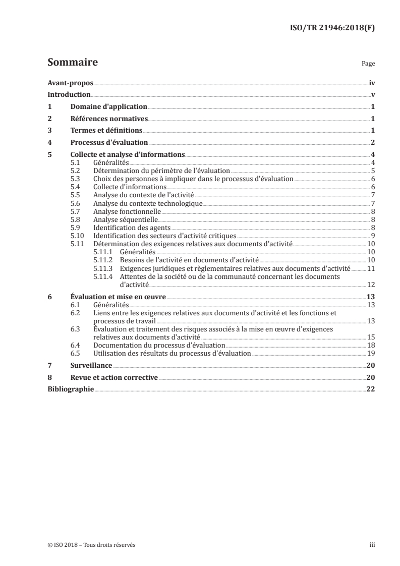 ISO/TR 21946:2018 ISO/TR 21946:2018 - Information et documentation — Evaluation dans le cadre de la gestion des documents d'activité/14/2018 - Page 3 preview