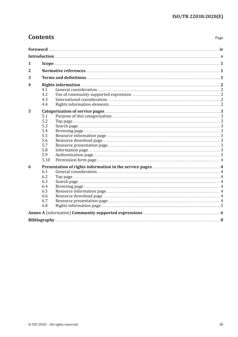 ISO/TR 22038:2020 ISO/TR 22038:2020 - Information and documentation — Description and presentation of rights information/23/2020 - Page 3 preview