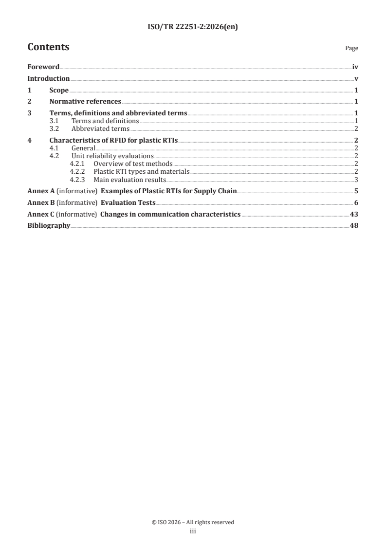 ISO/TR 22251-2:2026 ISO/TR 22251-2:2026 - Packaging — Measurement results for the use of RFID on returnable transport items — Part 2: Plastic returnable transport items - Page 3 preview