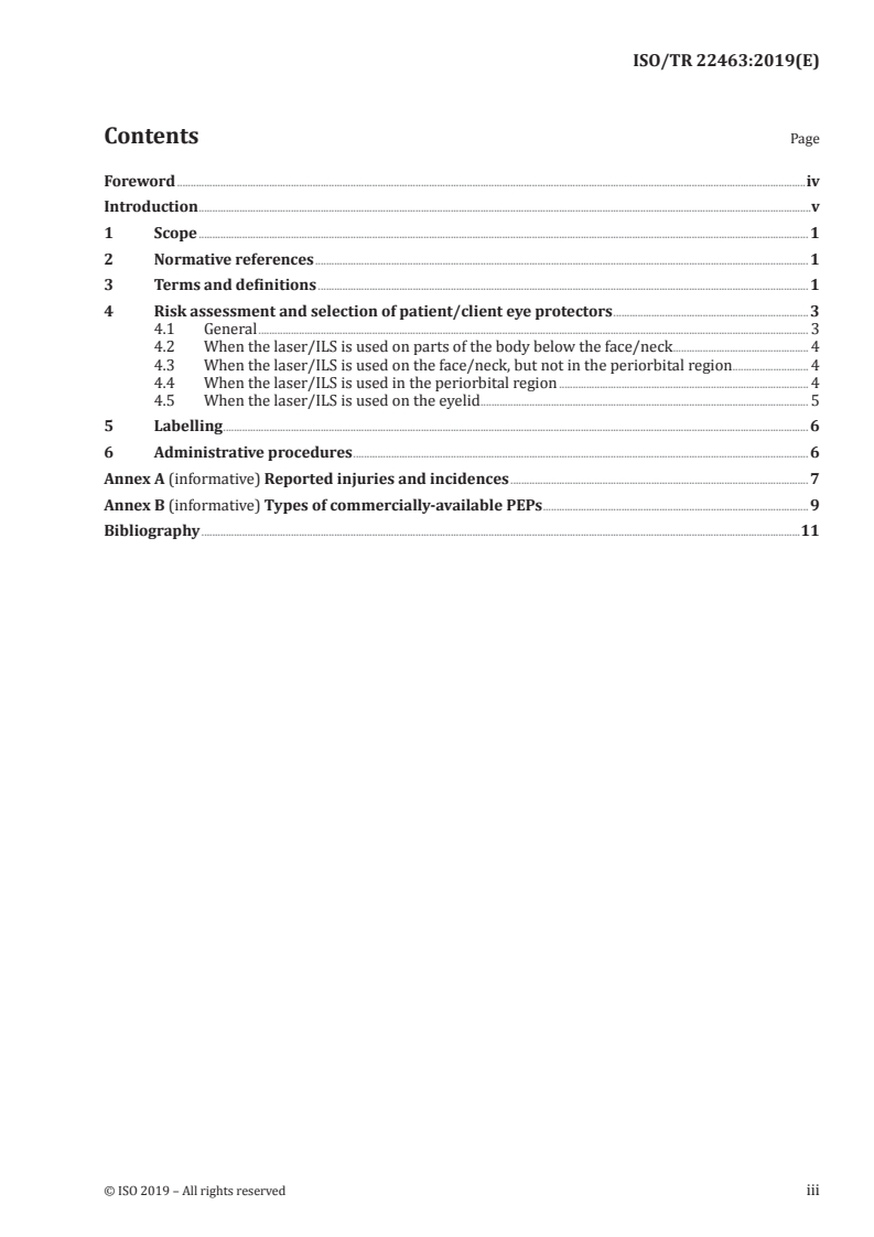 ISO/TR 22463:2019 ISO/TR 22463:2019 - Patient and client eye protectors for use during laser or intense light source (ILS) procedures — Guidance/17/2019 - Page 3 preview