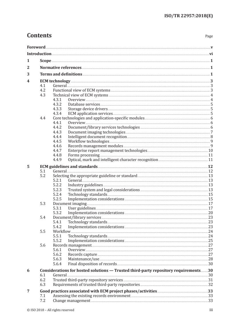 ISO/TR 22957:2018 ISO/TR 22957:2018 - Document management — Analysis, selection and implementation of enterprise content management (ECM) systems/7/2018 - Page 3 preview