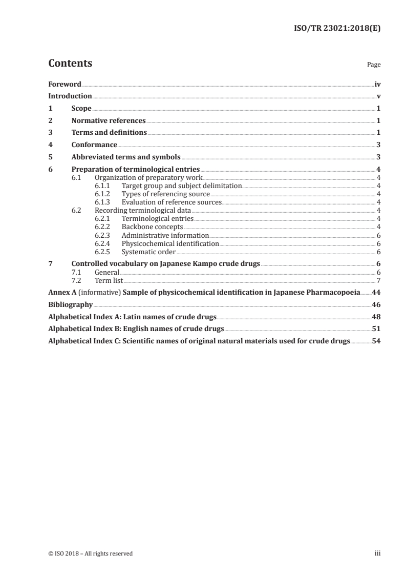 ISO/TR 23021:2018 ISO/TR 23021:2018 - Traditional Chinese medicine — Controlled vocabulary on Japanese Kampo crude drugs/31/2018 - Page 3 preview