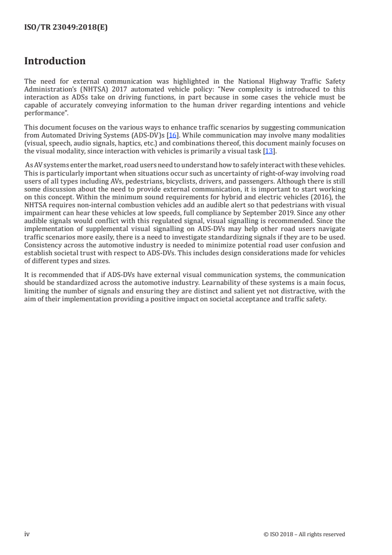 ISO/TR 23049:2018 ISO/TR 23049:2018 - Road Vehicles — Ergonomic aspects of external visual communication from automated vehicles to other road users/13/2018 - Page 4 preview
