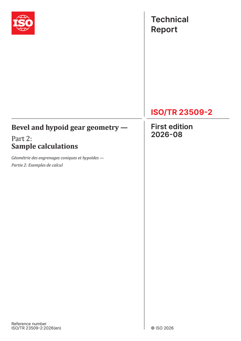 ISO/TR 23509-2:2026 ISO/TR 23509-2:2026 - Bevel and hypoid gear geometry — Part 2: Sample calculations - Page 1 preview
