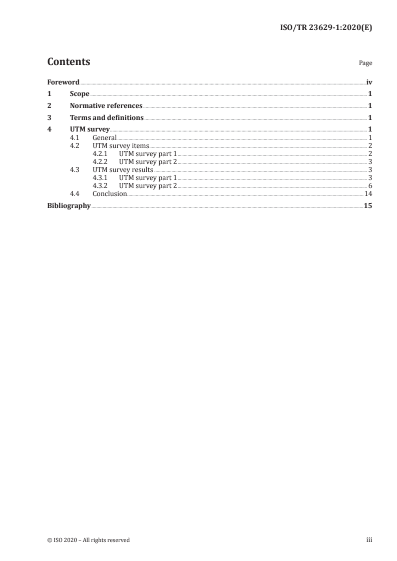 ISO/TR 23629-1:2020 ISO/TR 23629-1:2020 - UAS traffic management (UTM) — Part 1: Survey results on UTM/20/2020 - Page 3 preview