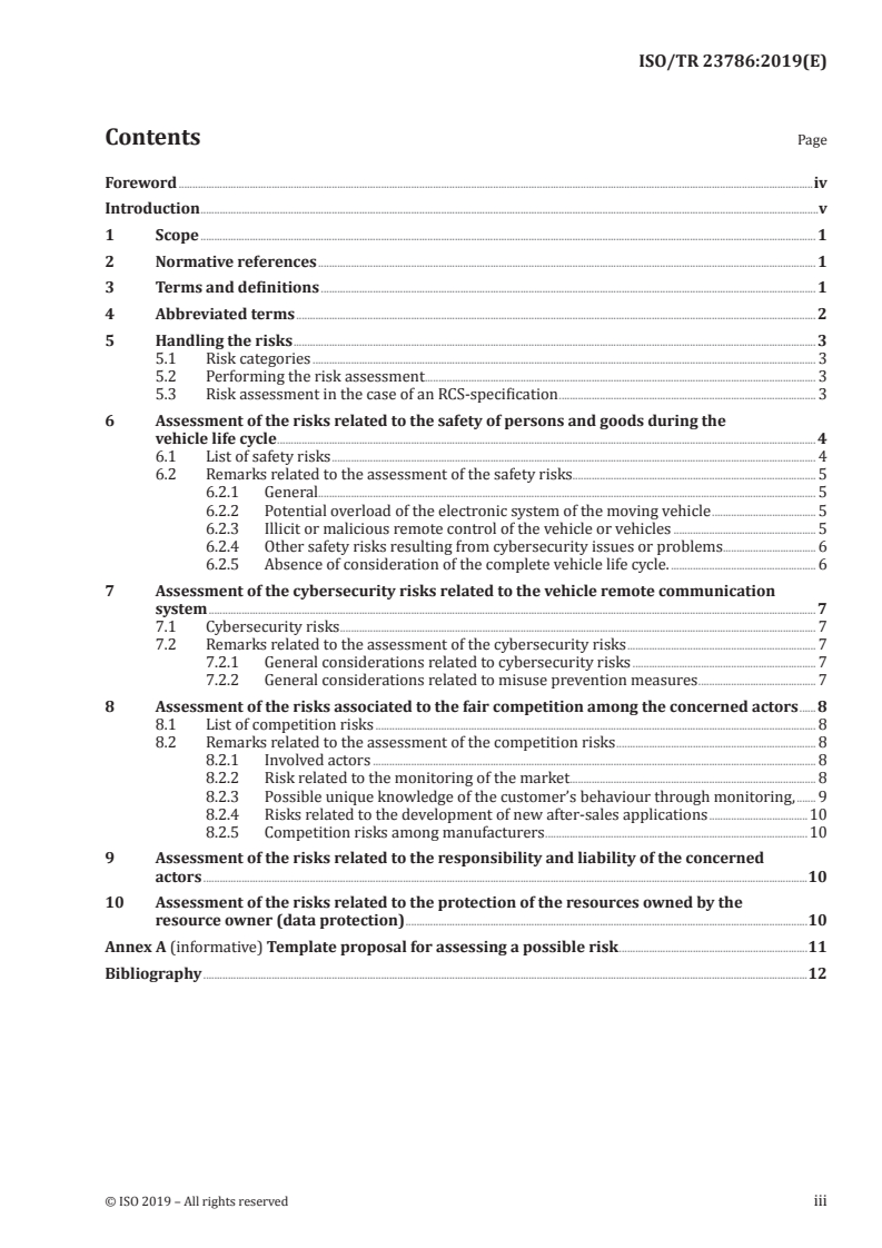 ISO/TR 23786:2019 ISO/TR 23786:2019 - Road vehicles — Solutions for remote access to vehicle — Criteria for risk assessment/15/2019 - Page 3 preview