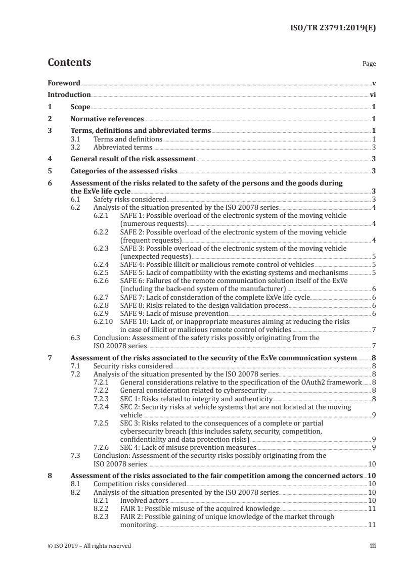 ISO/TR 23791:2019 ISO/TR 23791:2019 - Road vehicles — Extended vehicle (ExVe) web services — Result of the risk assessment on ISO 20078 series/4/2019 - Page 3 preview