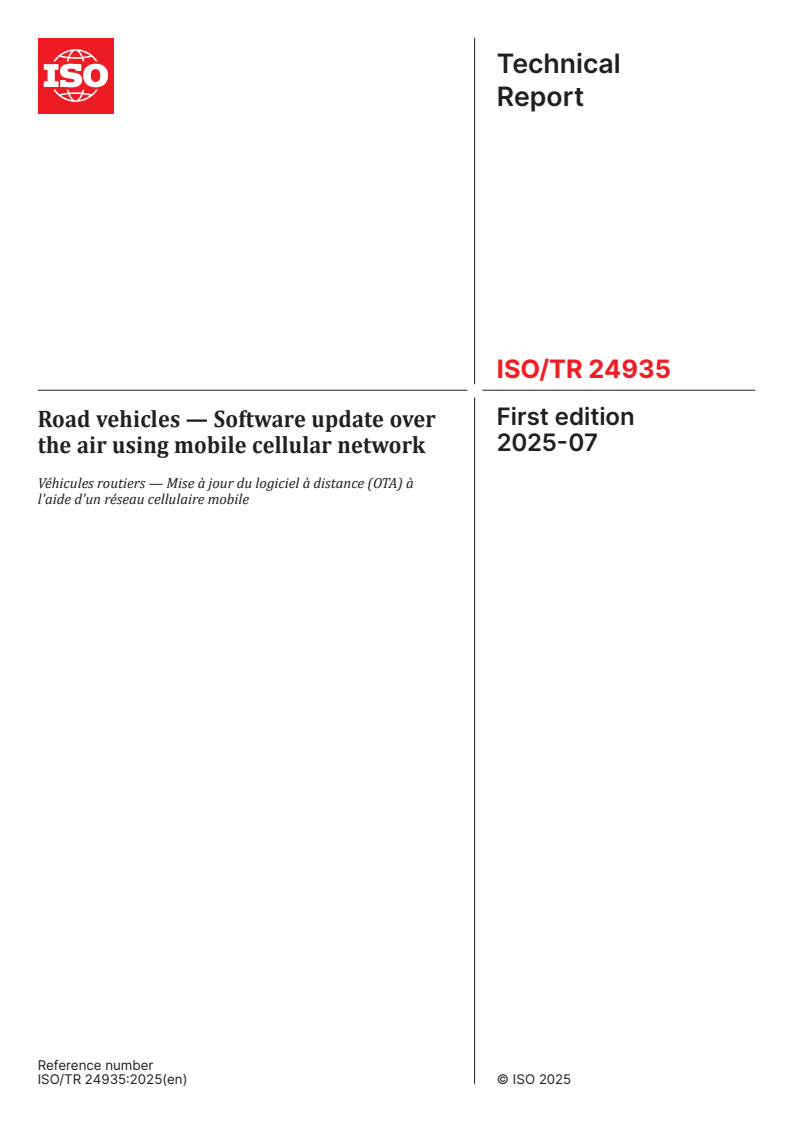 ISO/TR 24935:2025 - Road vehicles — Software update over the air using mobile cellular network
Released:1. 07. 2025