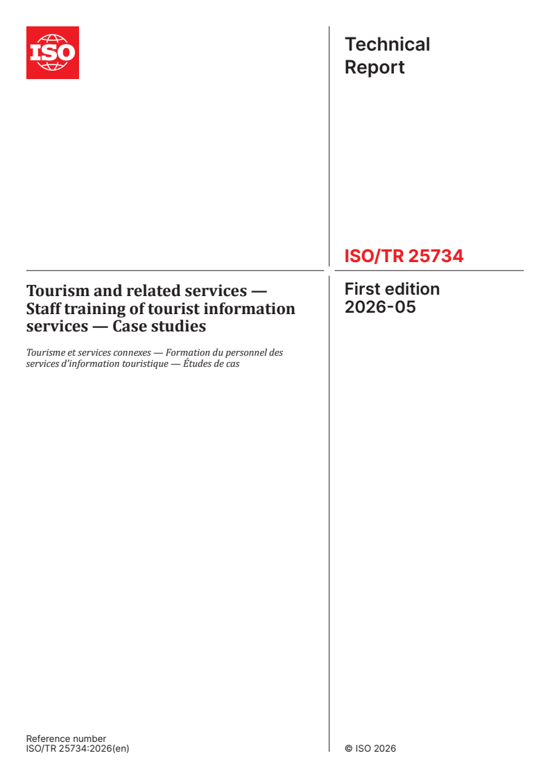 ISO/TR 25734:2026 ISO/TR 25734:2026 - Tourism and related services — Staff training of tourist information services — Case studies - Page 1 preview