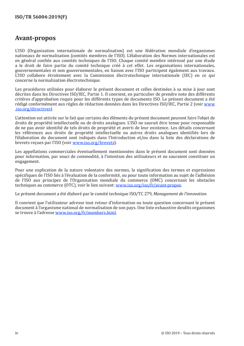 ISO/TR 56004:2019 ISO/TR 56004:2019 - Évaluation du management de l'innovation — Lignes directrices/29/2019 - Page 4 preview
