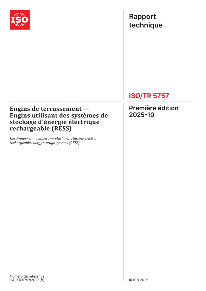 ISO/TR 5757:2025 ISO/TR 5757:2025 - Engins de terrassement — Engins utilisant des systèmes de stockage d'énergie électrique rechargeable (RESS)
Released:10/28/2025