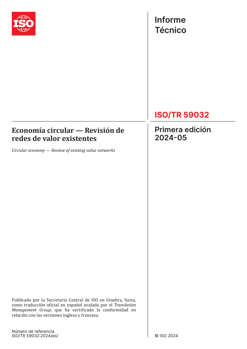 ISO/TR 59032:2024 ISO/TR 59032:2024 - Circular economy — Review of existing value networks/12/2026 - Page 1 preview