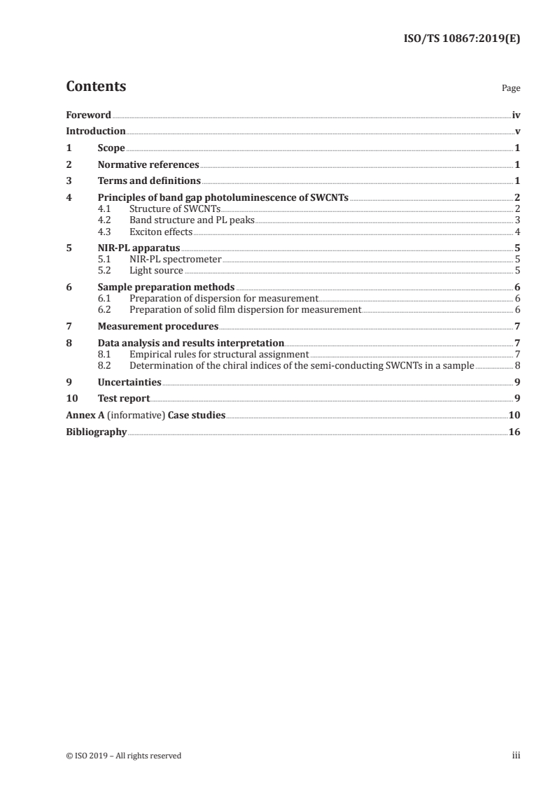 ISO/TS 10867:2019 ISO/TS 10867:2019 - Nanotechnologies — Characterization of single-wall carbon nanotubes using near infrared photoluminescence spectroscopy/4/2019 - Page 3 preview