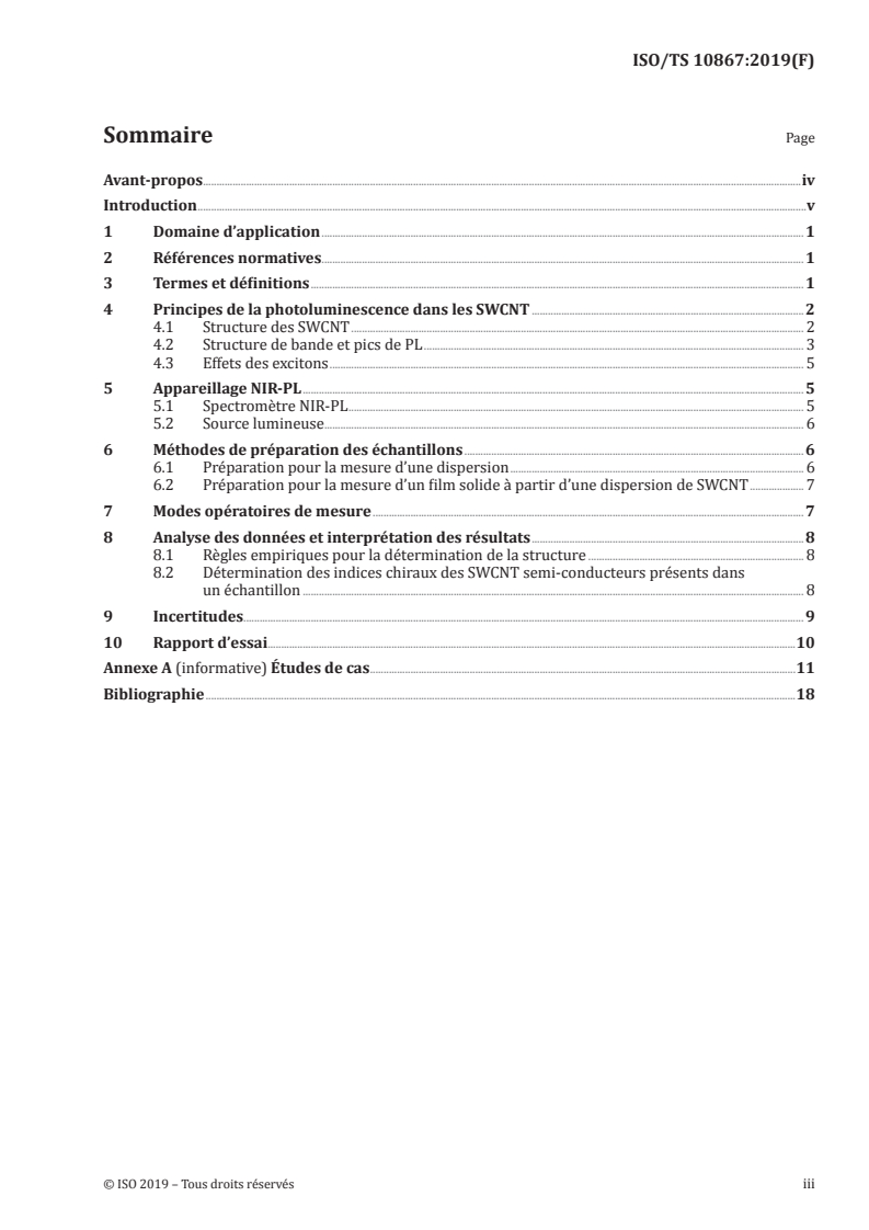 ISO/TS 10867:2019 ISO/TS 10867:2019 - Nanotechnologies — Caractérisation de nanotubes de carbone monofeuillet en utilisant la spectroscopie de photoluminescence dans le proche infrarouge/3/2020 - Page 3 preview