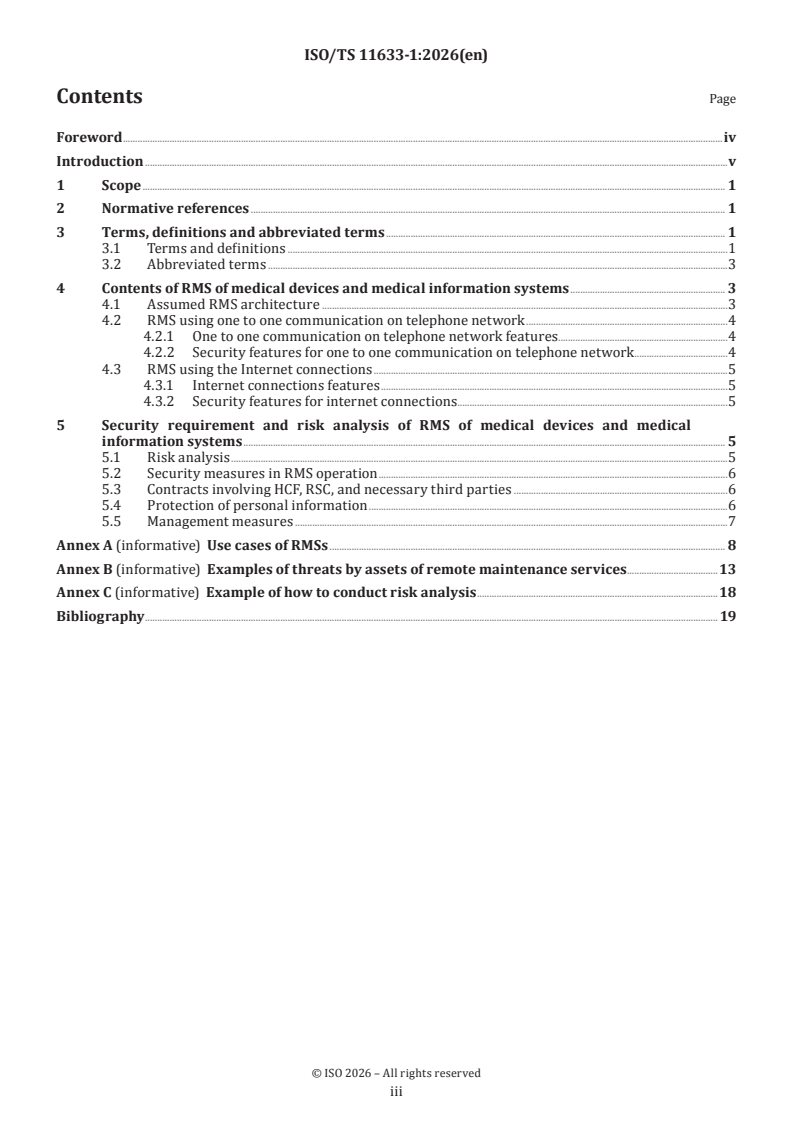 ISO/TS 11633-1:2026 ISO/TS 11633-1:2026 - Health informatics — Information security management for remote maintenance of medical devices and medical information systems — Part 1: Requirements and risk analysis - Page 3 preview