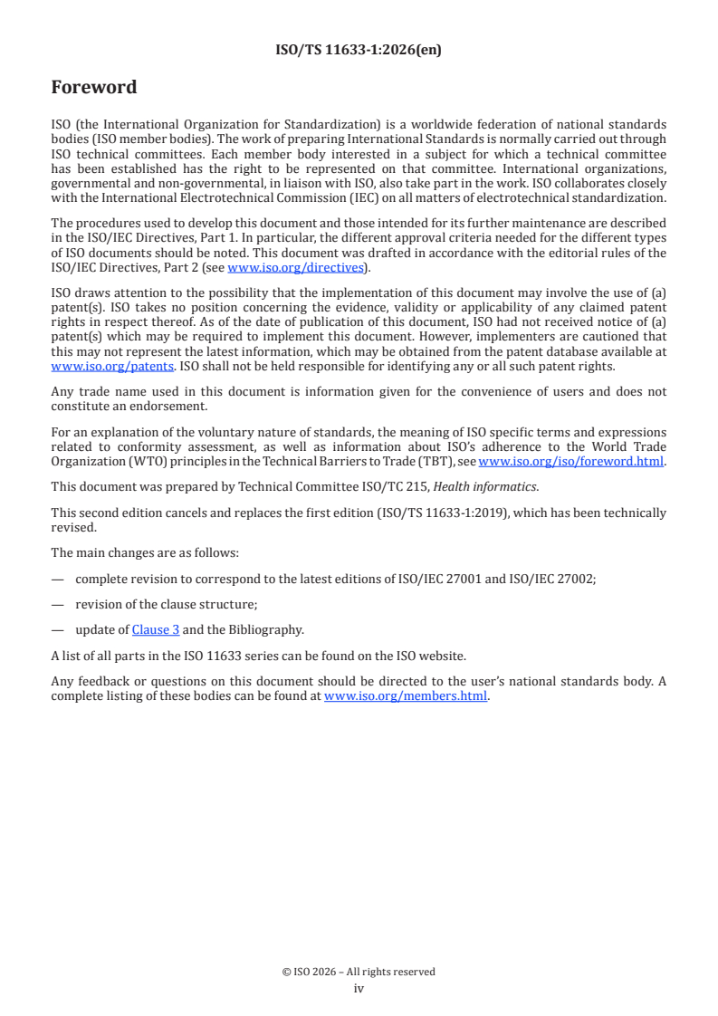 ISO/TS 11633-1:2026 ISO/TS 11633-1:2026 - Health informatics — Information security management for remote maintenance of medical devices and medical information systems — Part 1: Requirements and risk analysis - Page 4 preview