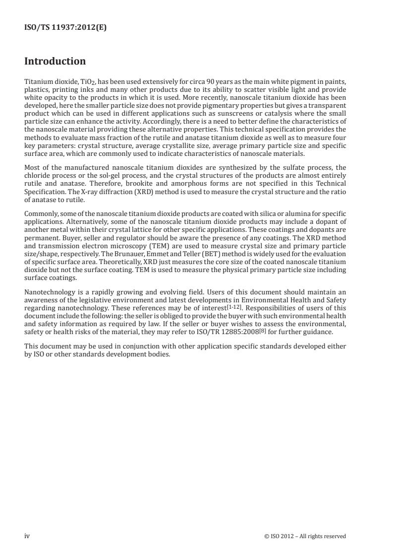 ISO/TS 11937:2012 ISO/TS 11937:2012 - Nanotechnologies — Nanoscale titanium dioxide in powder form — Characteristics and measurement/14/2012 - Page 4 preview