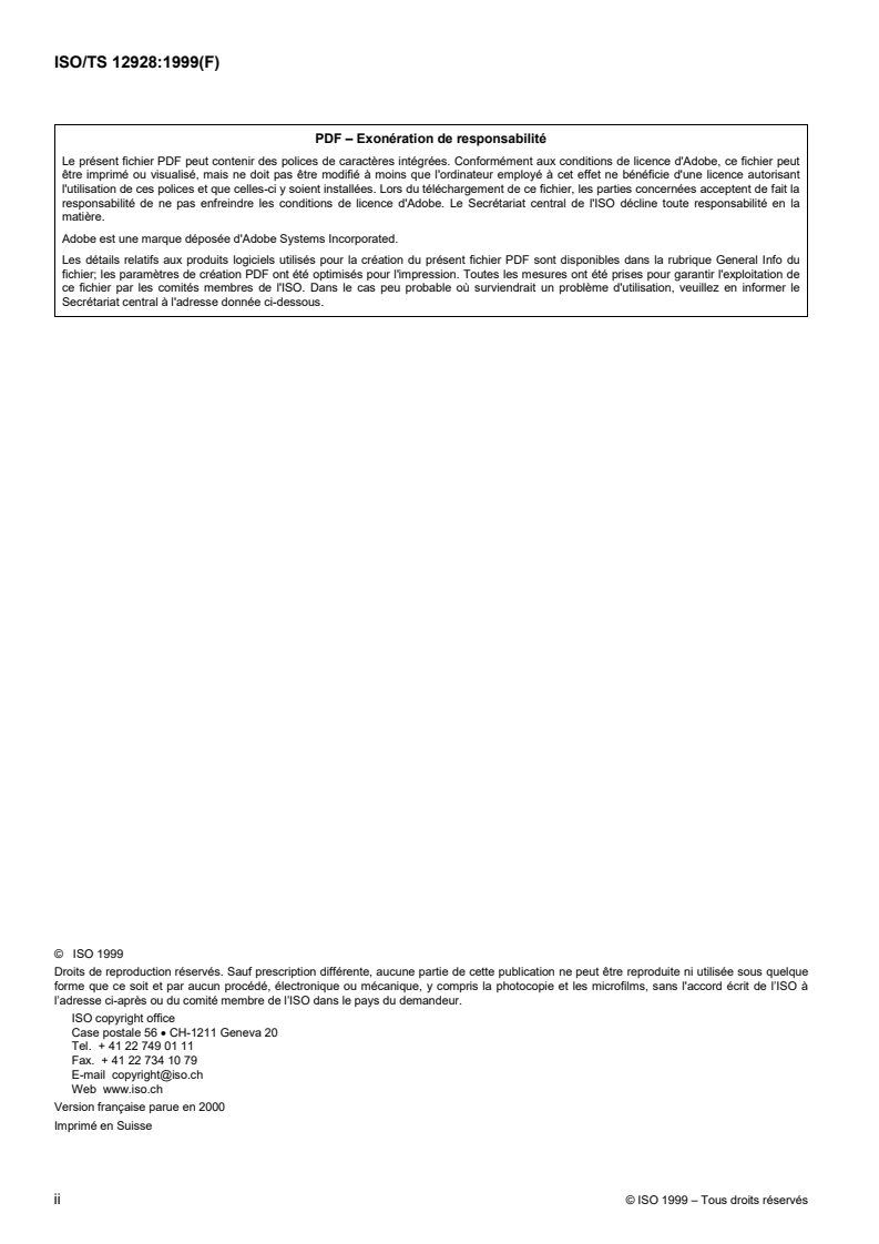 ISO/TS 12928:1999 ISO/TS 12928:1999 - Lubrifiants, huiles industrielles et produits connexes (classe L) — Famille R (Produits de protection temporaire contre la corrosion ) — Lignes directrices pour l'établissement de spécifications/30/2000 - Page 2 preview