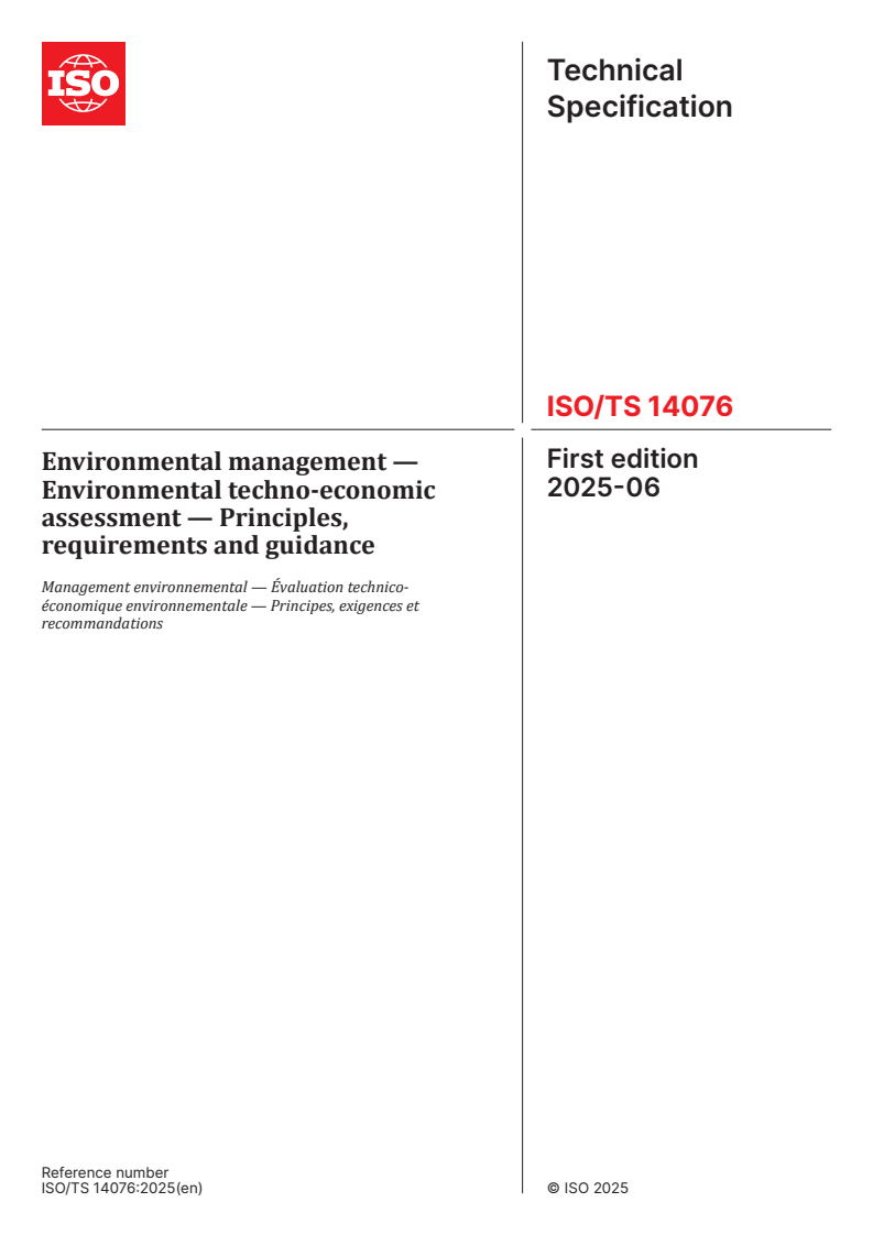 ISO/TS 14076:2025 - Environmental management — Environmental techno-economic assessment — Principles, requirements and guidance
Released:2. 06. 2025