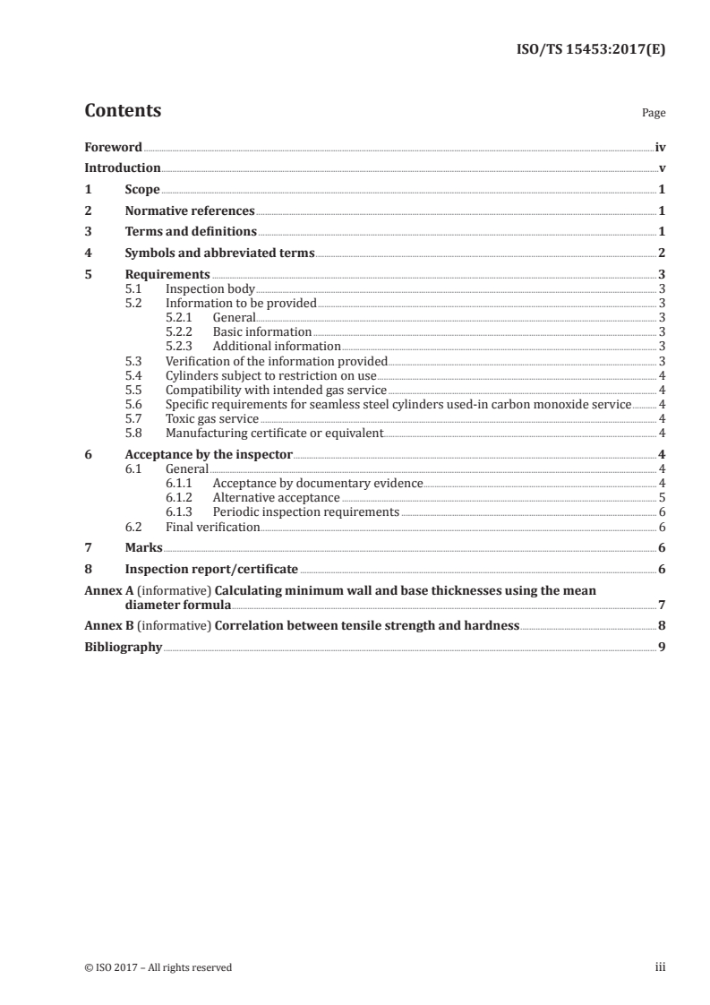 ISO/TS 15453:2017 ISO/TS 15453:2017 - Gas cylinders — Seamless steel and aluminium-alloy gas cylinders — Evaluation of existing gas cylinders and consideration of their safe use in other jurisdictions/24/2017 - Page 3 preview