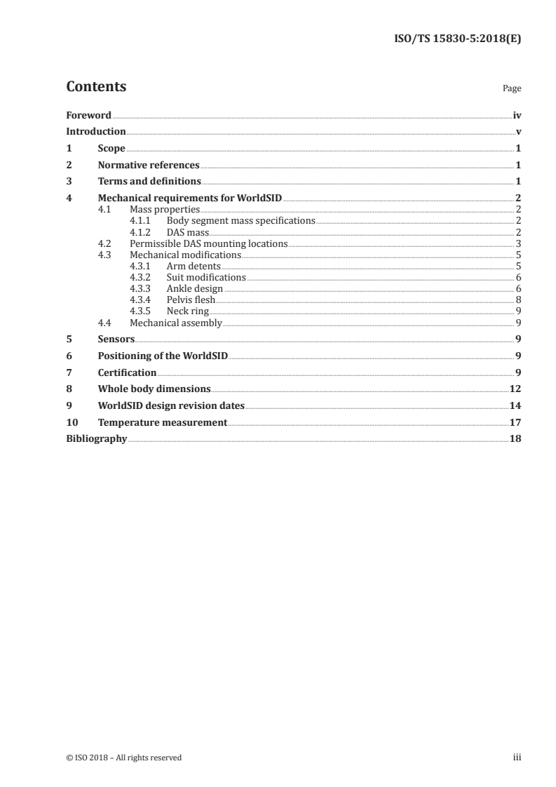 ISO/TS 15830-5:2018 ISO/TS 15830-5:2018 - Road vehicles — Design and performance specifications for the WorldSID 50th percentile male side-impact dummy — Part 5: Dummy design updates/3/2018 - Page 3 preview