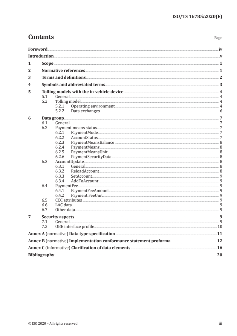 ISO/TS 16785:2020 ISO/TS 16785:2020 - Electronic Fee Collection (EFC) — Application interface definition between DSRC-OBE and external in-vehicle devices/18/2020 - Page 3 preview