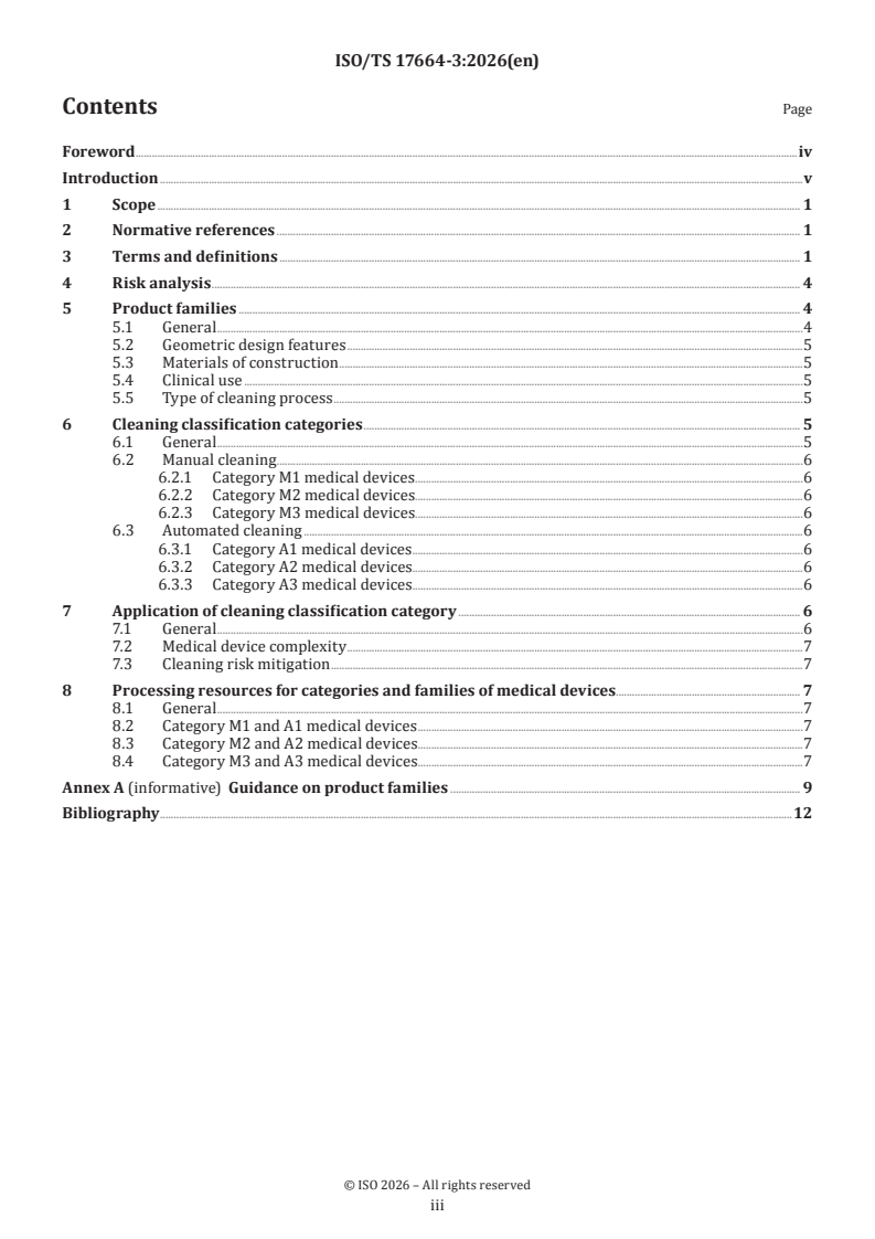 ISO/TS 17664-3:2026 ISO/TS 17664-3:2026 - Processing of health care products — Information to be provided by the medical device manufacturer for the processing of medical devices — Part 3: Guidance on the designation of a reusable medical device to a cleaning classification - Page 3 preview