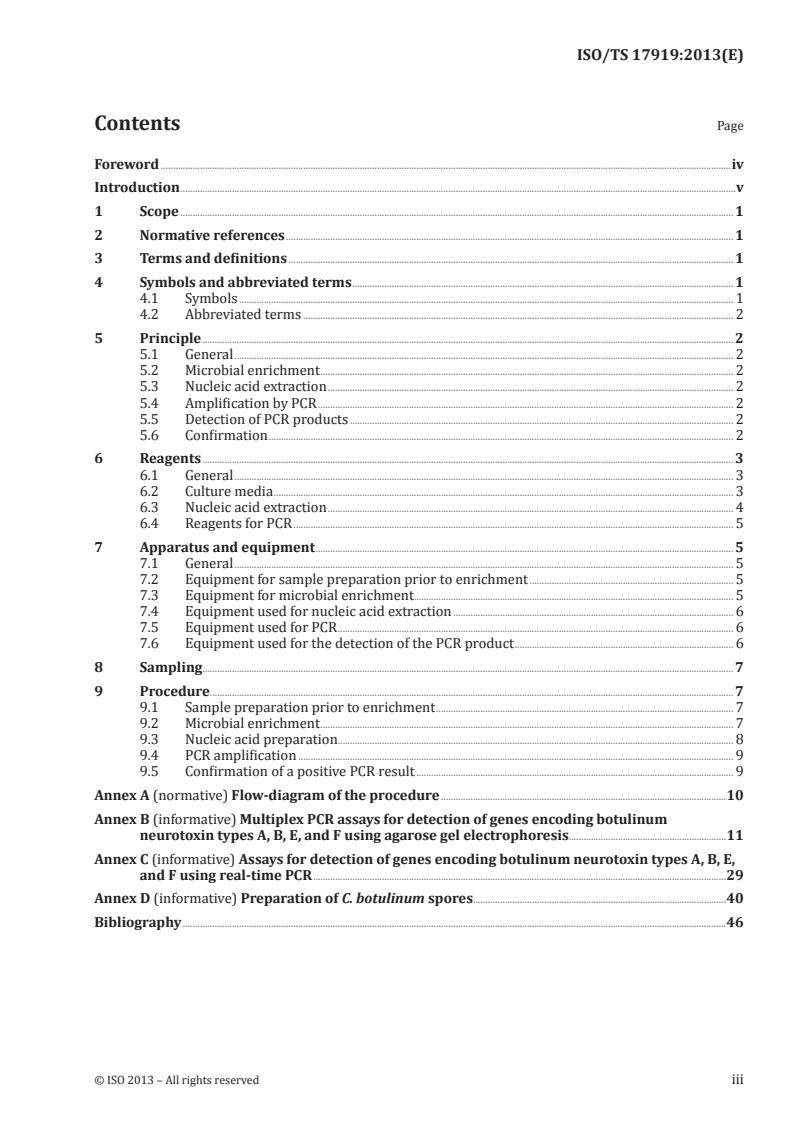 ISO/TS 17919:2013 ISO/TS 17919:2013 - Microbiology of the food chain — Polymerase chain reaction (PCR) for the detection of food-borne pathogens — Detection of botulinum type A, B, E and F neurotoxin-producing clostridia/17/2013 - Page 3 preview