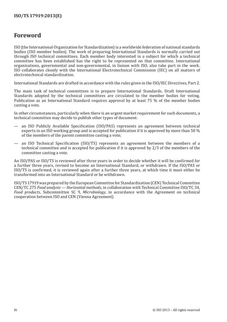 ISO/TS 17919:2013 ISO/TS 17919:2013 - Microbiology of the food chain — Polymerase chain reaction (PCR) for the detection of food-borne pathogens — Detection of botulinum type A, B, E and F neurotoxin-producing clostridia/17/2013 - Page 4 preview